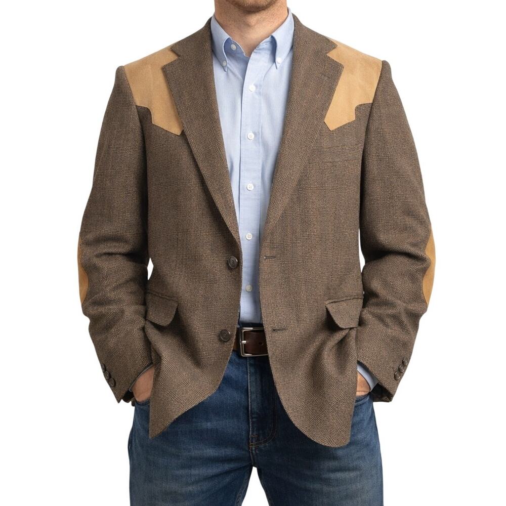 Vintage 90s Men's 44R Tweed Wool Blazer Mesquite Brown Suede Yoke Elbow Patches
